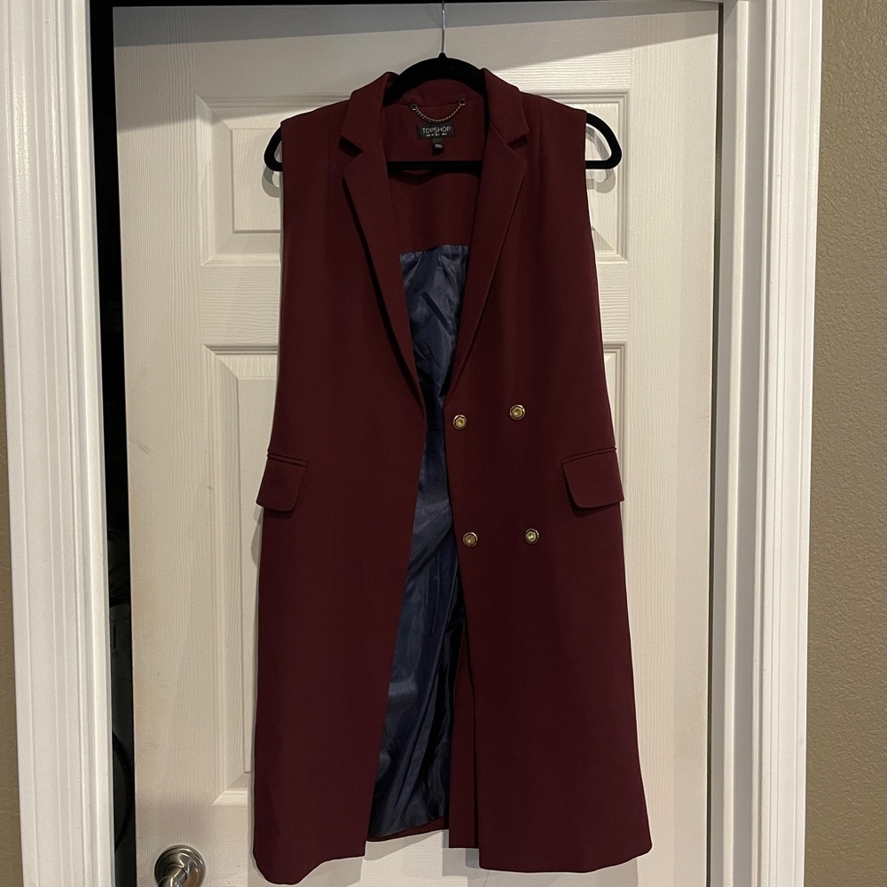 Topshop Long Sleeveless Belted Burgundy Vest